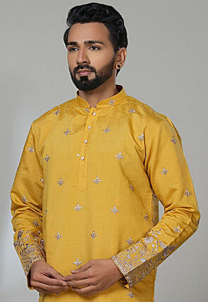 Embroidered Art Silk Kurta Set in Mustard