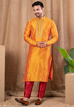Embroidered Art Silk Kurta Set in Mustard