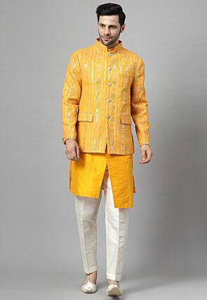Embroidered Art Silk Kurta Set in Mustard