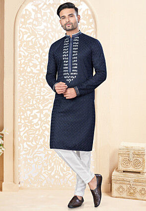 Embroidered Art Silk Kurta Set in Navy Blue