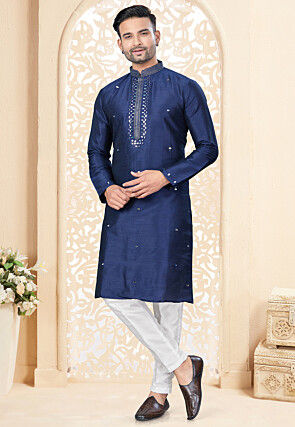 Embroidered Art Silk Kurta Set in Navy Blue