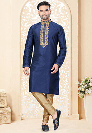 Embroidered Art Silk Kurta Set in Navy Blue