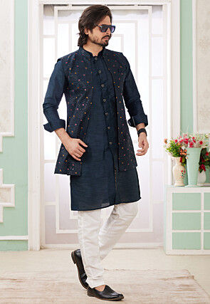 Embroidered Art Silk Kurta Set in Navy Blue