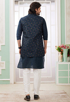 Embroidered Art Silk Kurta Set in Navy Blue