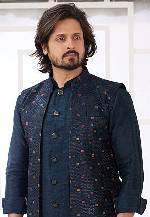 Embroidered Art Silk Kurta Set in Navy Blue