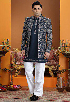 Embroidered Art Silk Short Kurta Set in Navy Blue