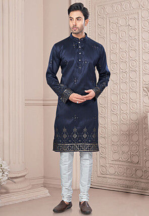 Embroidered Art Silk Kurta Set in Navy Blue