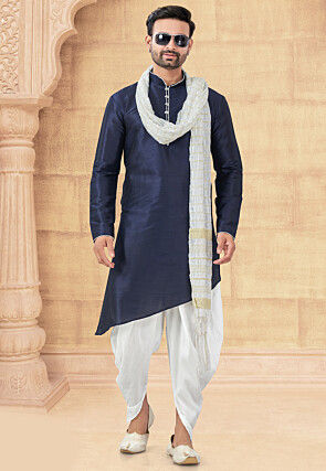 Embroidered Art Silk Kurta Set in Navy Blue