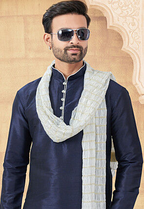 Embroidered Art Silk Kurta Set in Navy Blue