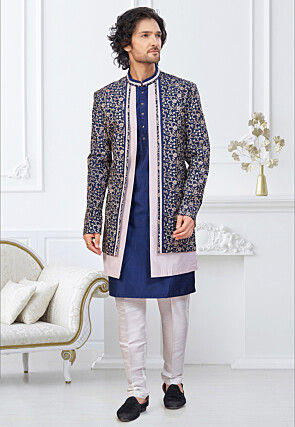 Embroidered Art Silk Layered Kurta Set in Navy Blue