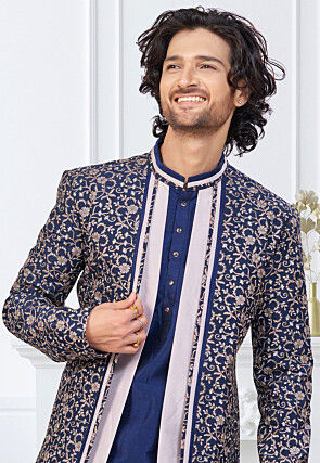 Embroidered Art Silk Layered Kurta Set in Navy Blue