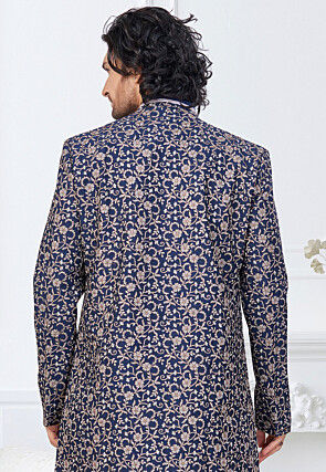 Embroidered Art Silk Layered Kurta Set in Navy Blue