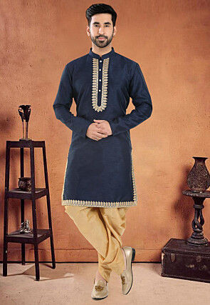 Embroidered Art Silk Kurta Set in Navy Blue