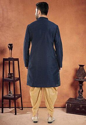 Embroidered Art Silk Kurta Set in Navy Blue
