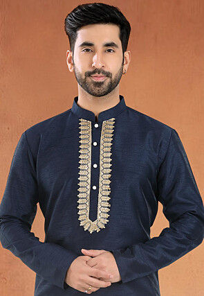 Embroidered Art Silk Kurta Set in Navy Blue