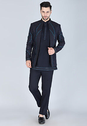 Embroidered Art Silk Kurta Set in Navy Blue