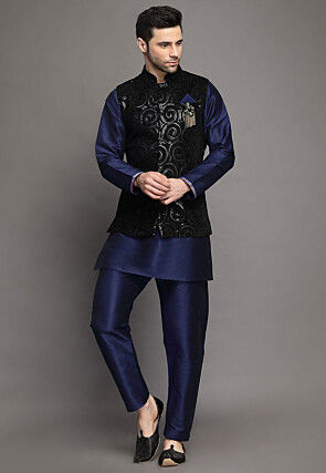 Embroidered Art Silk Kurta Jacket Set in Navy Blue and Black