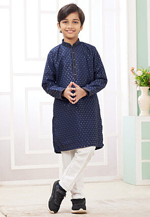 Embroidered Art Silk Kurta Set in Navy Blue
