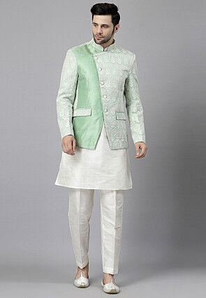 Embroidered Art Silk Kurta Set in Off White and Light Green