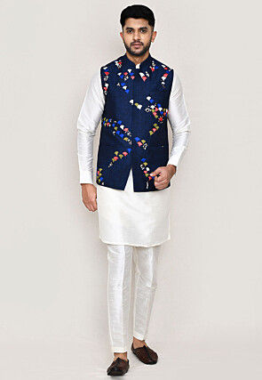 Embroidered Art Silk Kurta Set in Off White and Navy Blue