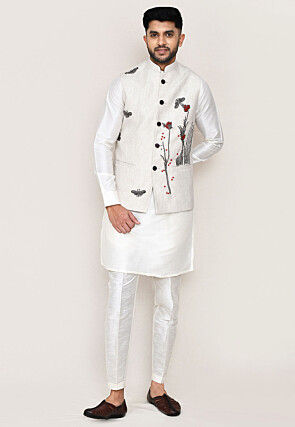 Embroidered Art Silk Kurta Set in Off White and Off White