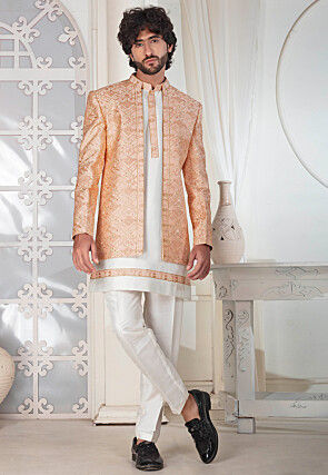Embroidered Art Silk Kurta Set in Off White and Orange