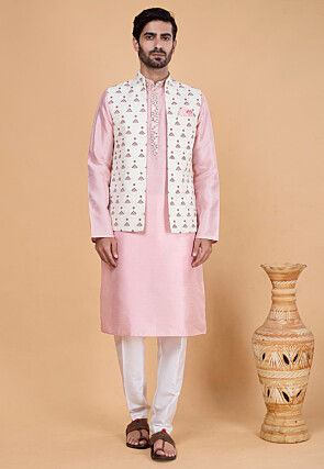 Embroidered Art Silk Kurta Set in Off White and Pink