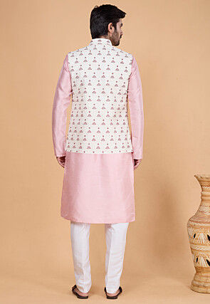 Embroidered Art Silk Kurta Set in Off White and Pink