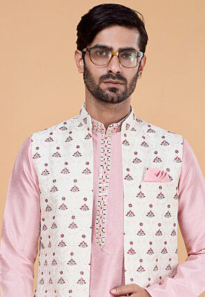 Embroidered Art Silk Kurta Set in Off White and Pink