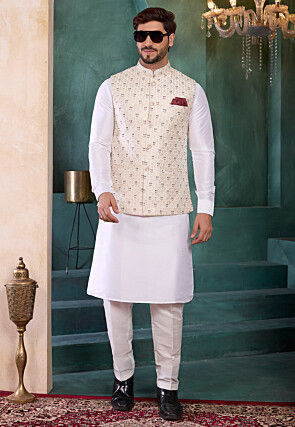 Embroidered Art Silk Kurta Set in Off White and White