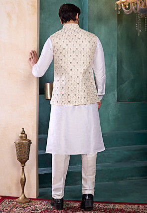 Embroidered Art Silk Kurta Set in Off White and White