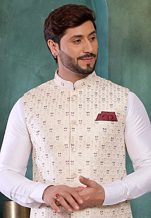 Embroidered Art Silk Kurta Set in Off White and White