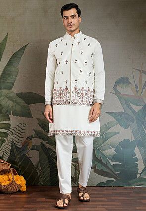 Embroidered Art Silk Kurta Set in Off White