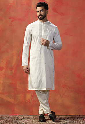 Embroidered Art Silk Kurta Set in Off White