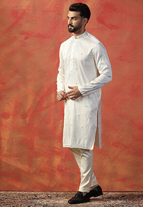 Embroidered Art Silk Kurta Set in Off White