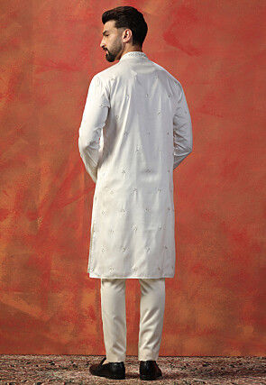 Embroidered Art Silk Kurta Set in Off White