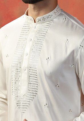 Embroidered Art Silk Kurta Set in Off White