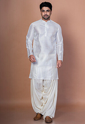 Embroidered Art Silk Kurta Set in Off White