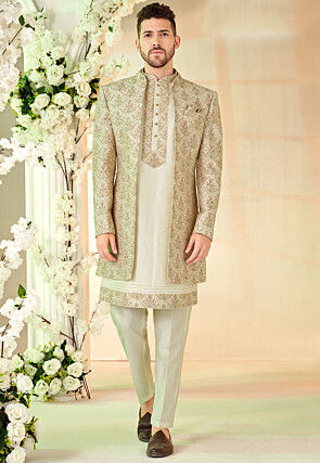 Embroidered Art Silk Kurta Set in Off White