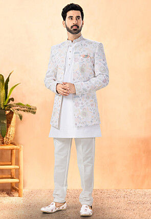 Embroidered Art Silk Kurta Set in Off White