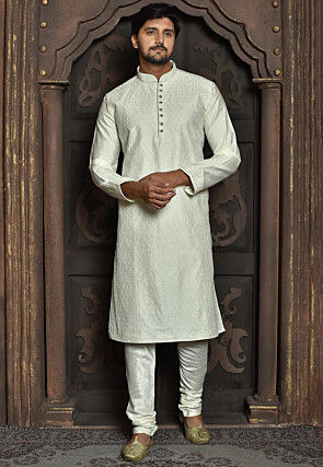 Off White Kurta Art Silk Chudidaar
