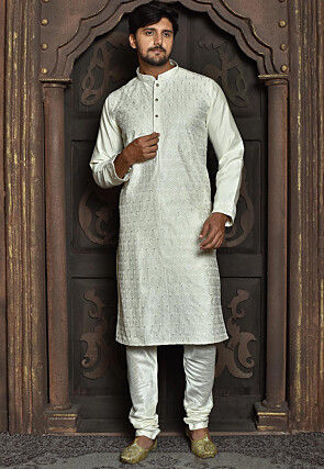 Embroidered Art Silk Kurta Set in Off White