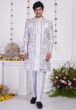 Embroidered Art Silk Kurta Set in Off White