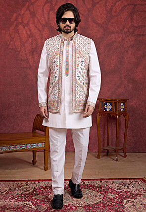 Embroidered Art Silk Kurta Set in Off White