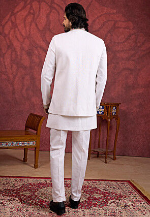 Embroidered Art Silk Kurta Set in Off White