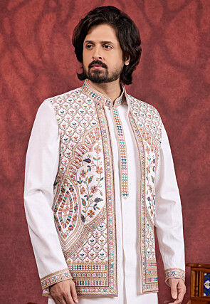 Embroidered Art Silk Kurta Set in Off White