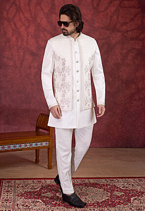 Embroidered Art Silk Kurta Set in Off White
