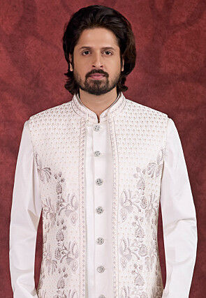 Embroidered Art Silk Kurta Set in Off White