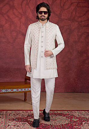 Embroidered Art Silk Kurta Set in Off White