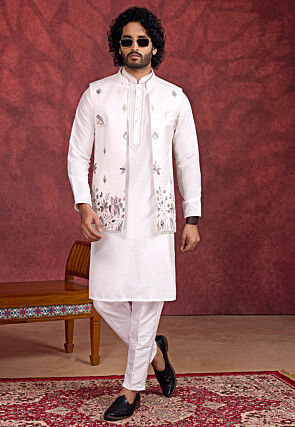 Embroidered Art Silk Kurta Set in Off White